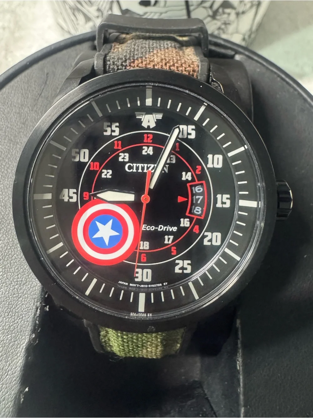 #213 Citizen Men's Black Watch with Red, Blue and White Accents